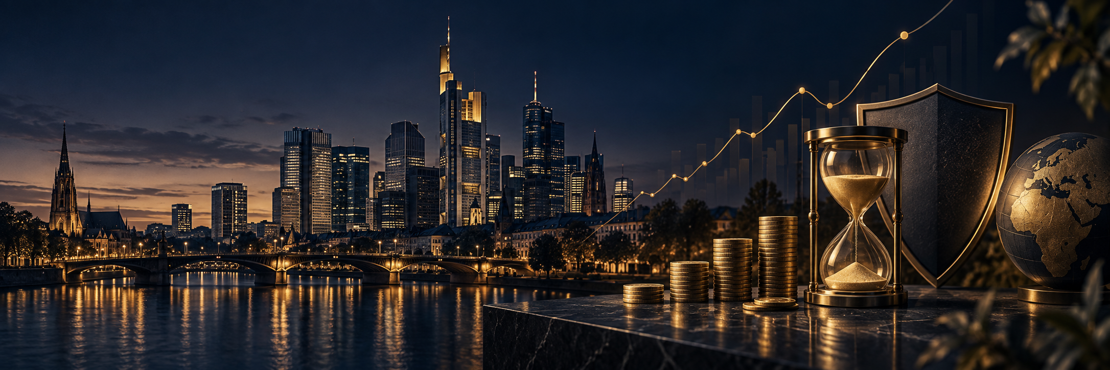 Frankfurter Skyline mit Symbolen für langfristige Geldanlage und Vorsorge
