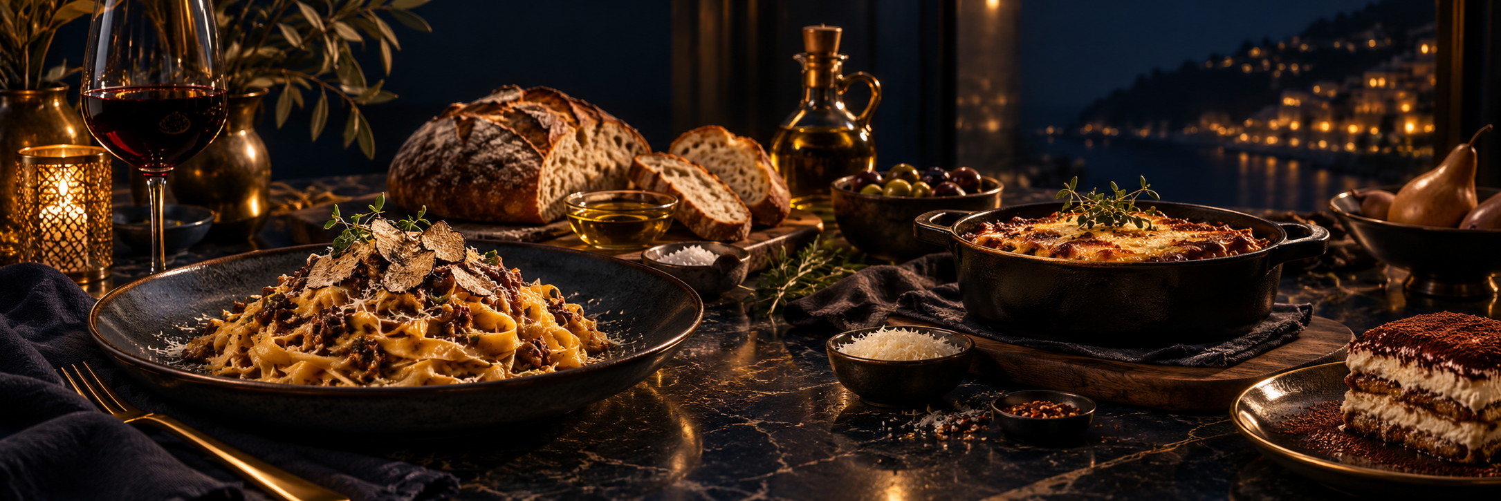 Edles Arrangement mit Pasta, Auflauf, Brot und Tiramisu
