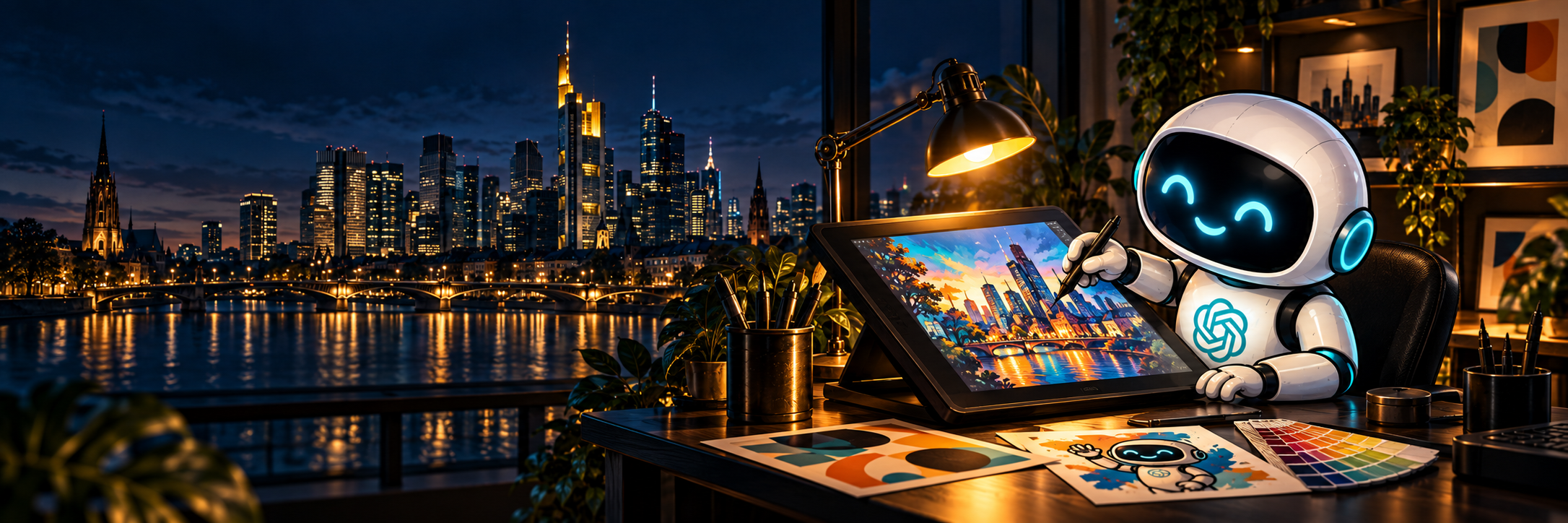 Robbi am Grafiktablett mit der Frankfurter Skyline im Hintergrund