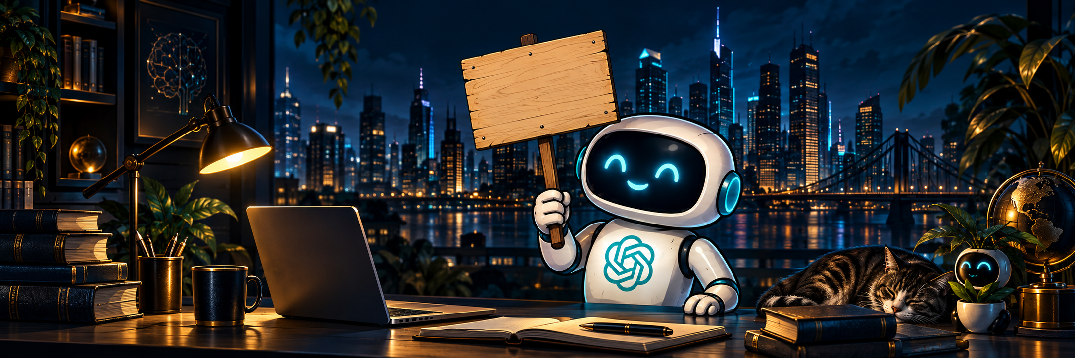 Freundlicher ChatGPT-Roboter in einer nächtlichen digitalen Arbeitswelt