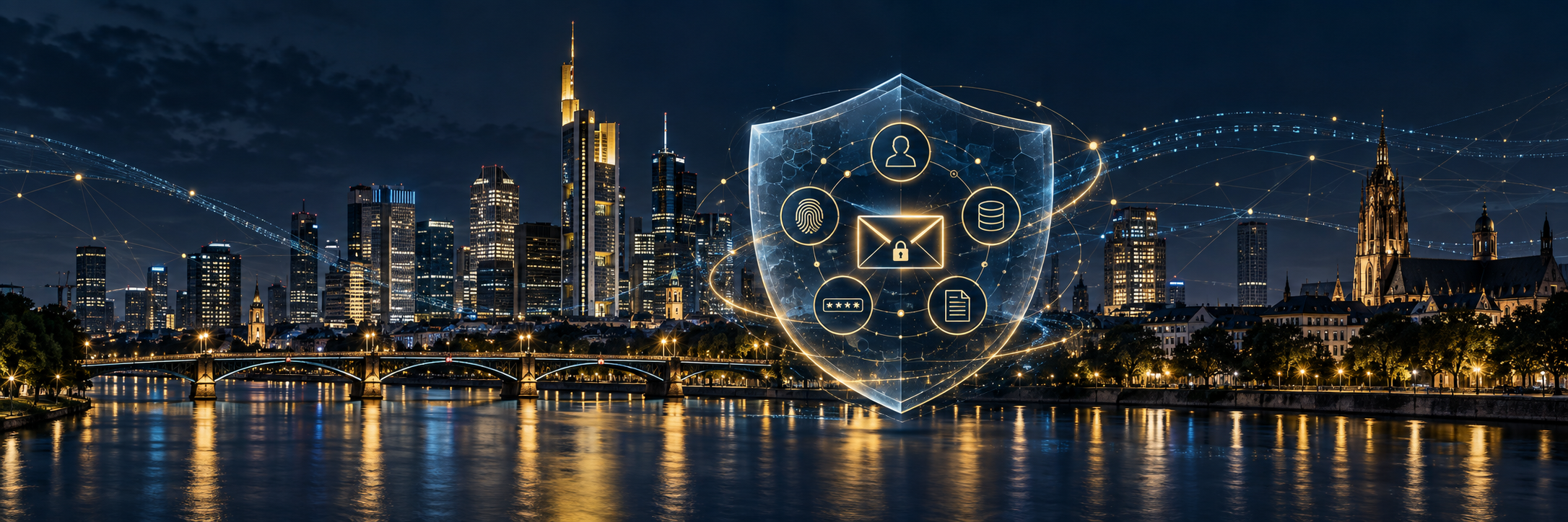 Frankfurter Skyline mit digitalem Schutzschild für E-Mail, Identität und persönliche Daten