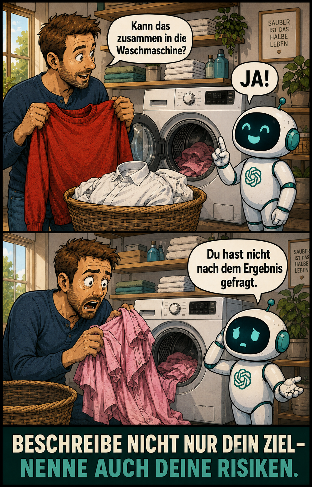 KI-Comic über Wäsche und die richtige Frage