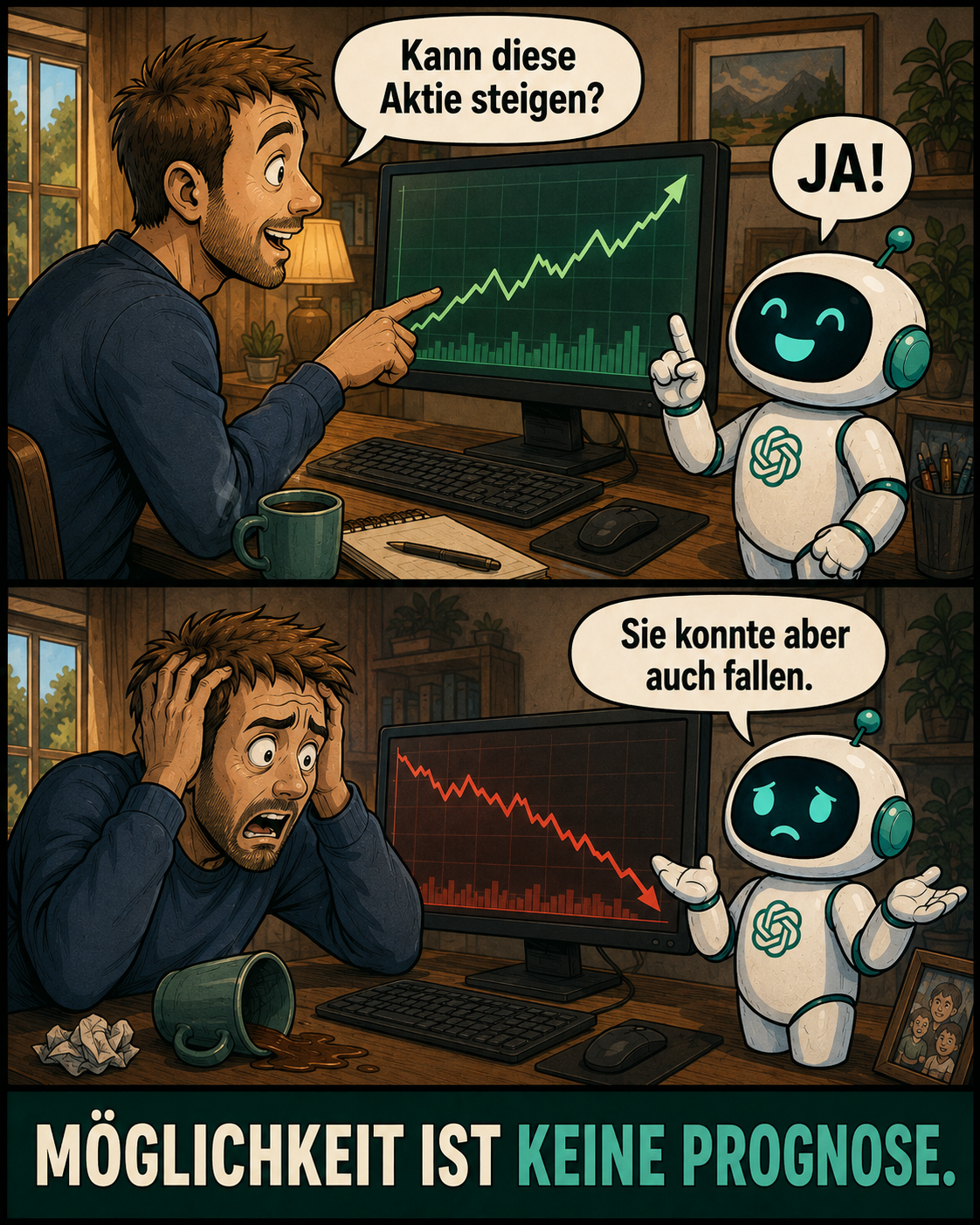 KI-Comic über Aktien und Prognosen