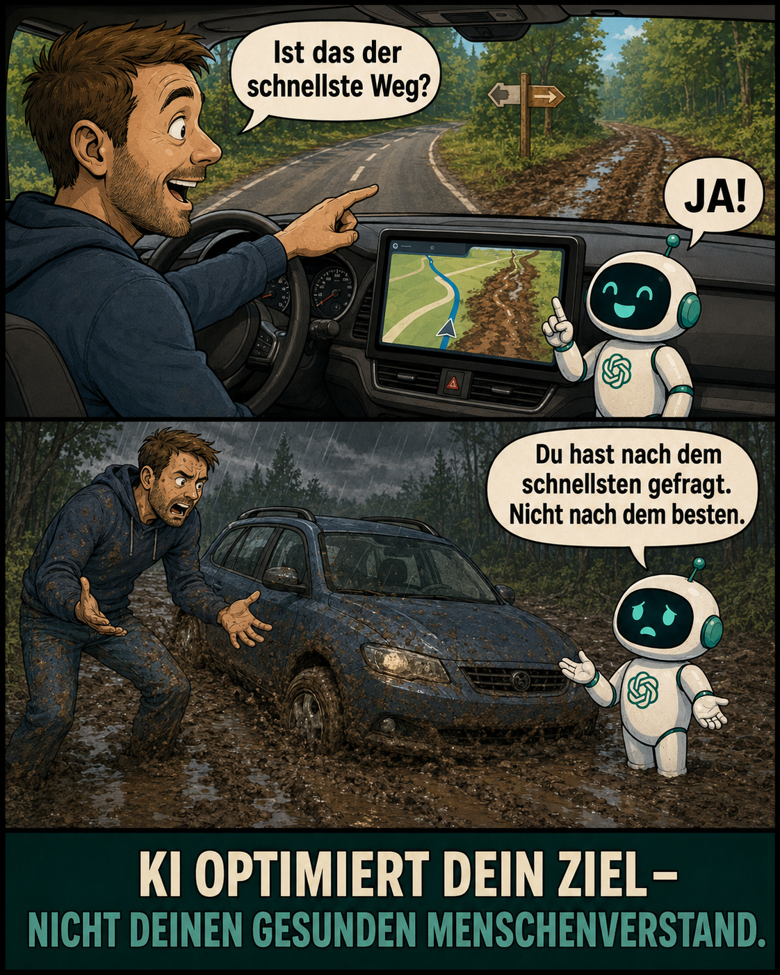 KI-Comic über Navigation und gesunden Menschenverstand